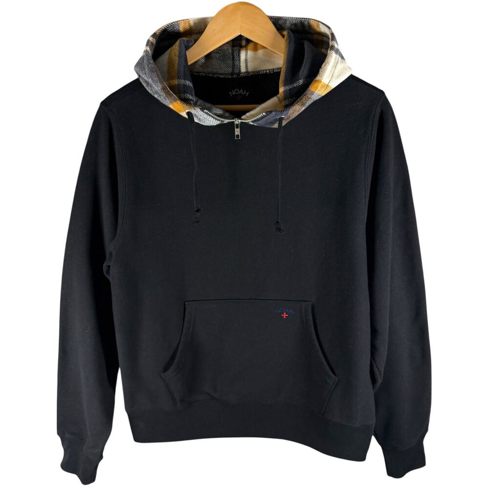 Noah Black Drawstring With Plaid Hood Pullover Hoodie Men’s S - Designer Preppy